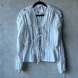 Chic White Ruched Blouse with Tie Accents